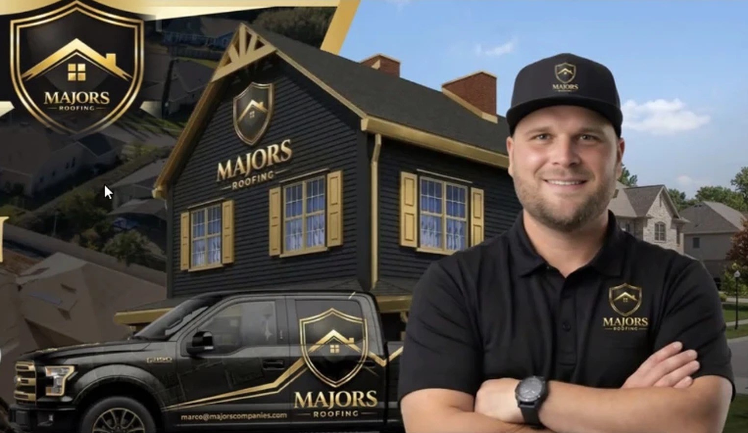 Marco of Majors Roofing standing in front of a company truck and a newly roofed home