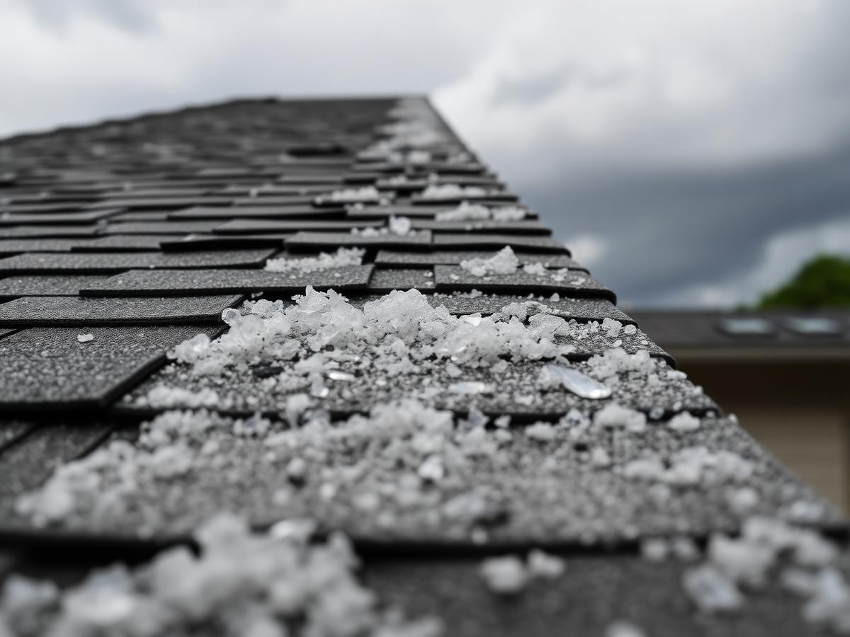 Hail damage on residential asphalt roof shingles after a storm